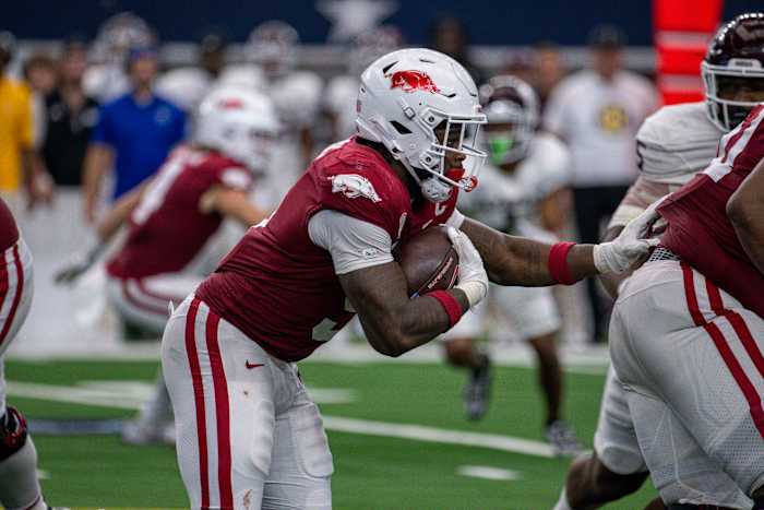 Raheim "Rocket" Sanders running the ball against Texas A&M (30th Sept., 2023)